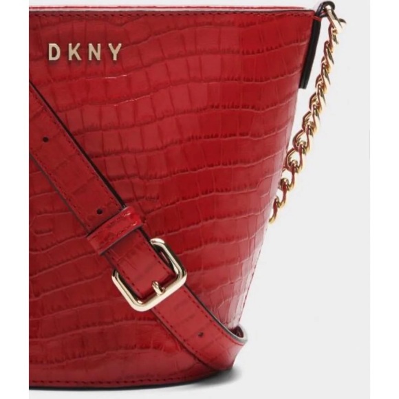 DKNY Red Croc-Embossed Leather Bucket Bag Shoulder or Crossbody NWT - Picture 6 of 8